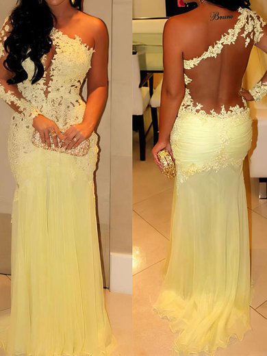 Sheath/Column One Shoulder Chiffon Cut Out Prom Dresses With Appliques #02016068