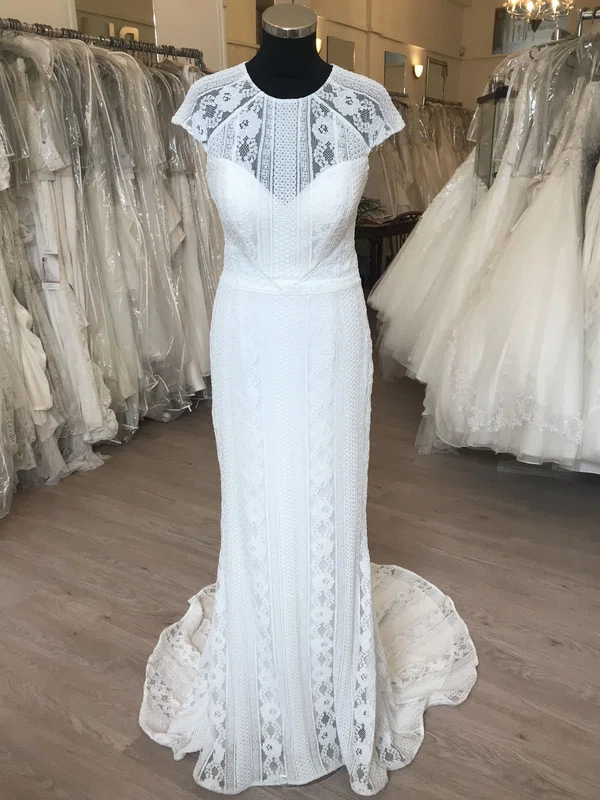 Sheath/Column Illusion Lace Sweep Train Wedding Dress #Milly00028844
