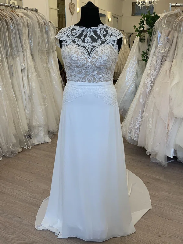 Sheath/Column Illusion Chiffon Sweep Train Wedding Dress With Appliques Lace #Milly00028845