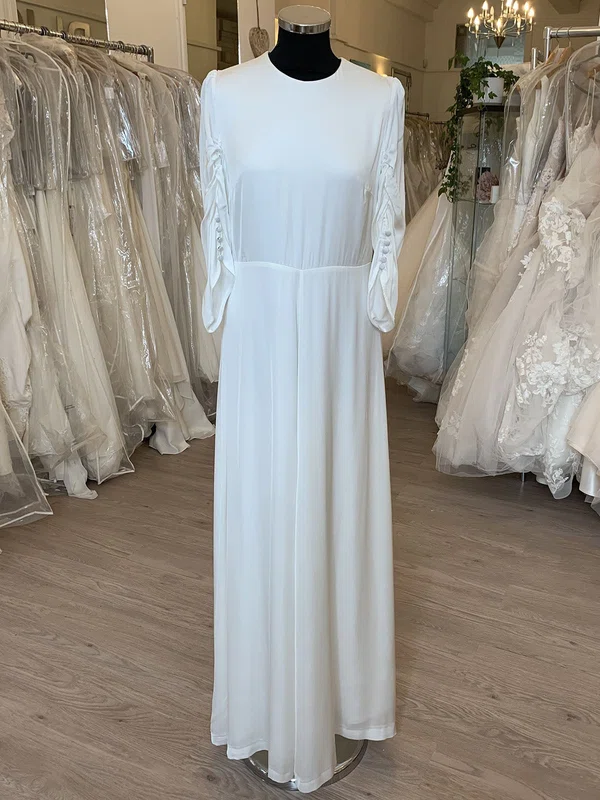 A-line Scoop Neck Chiffon Floor-length Wedding Dress With Ruched #Milly00028853