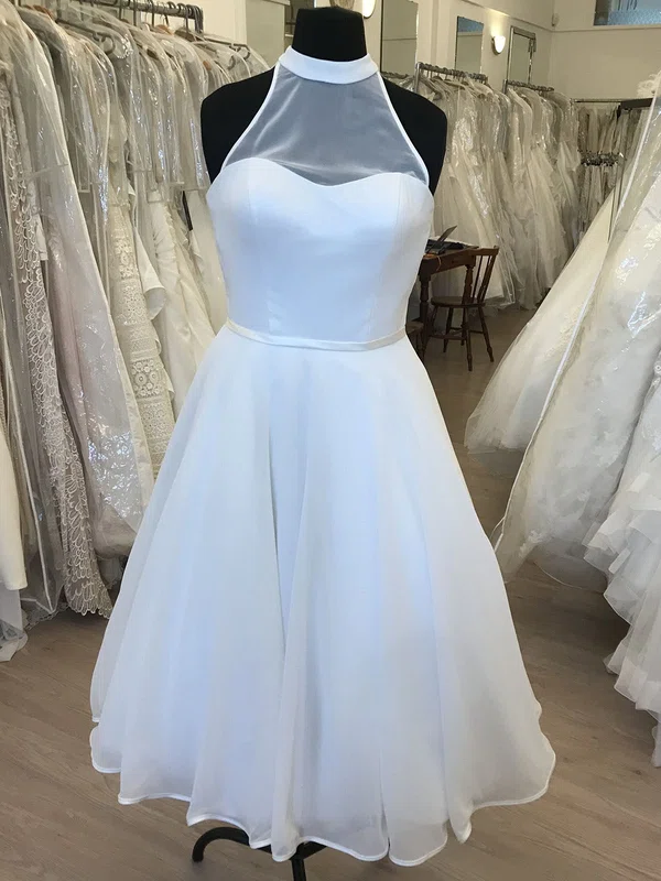 Ball Gown/Princess High Neck Organza Tea-length Wedding Dress With Ruched #Milly00028855