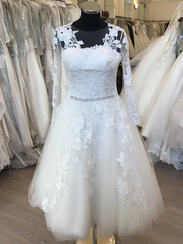 Ball Gown/Princess Illusion Tulle Tea-length Wedding Dress With Beading #Milly00028856