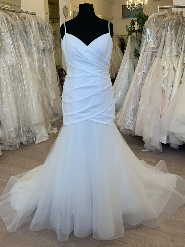 Trumpet/Mermaid V-neck Satin Tulle Sweep Train Wedding Dress With Ruched #Milly00028858