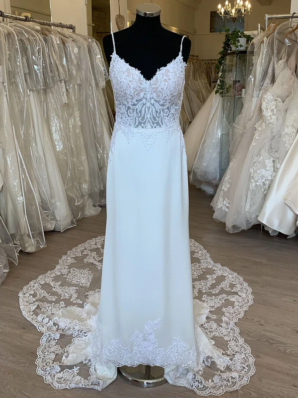 Sheath/Column V-neck Stretch Crepe Court Train Wedding Dress With Appliques Lace #Milly00028859