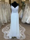 Sheath/Column V-neck Stretch Crepe Court Train Wedding Dress With Appliques Lace #Milly00028859