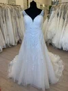 Sheath/Column V-neck Tulle Sweep Train Wedding Dress With Appliques Lace #Milly00028860
