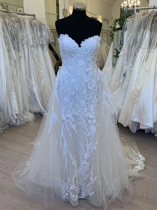 Trumpet/Mermaid Sweetheart Tulle Watteau Train Wedding Dress With Appliques Lace #Milly00028865
