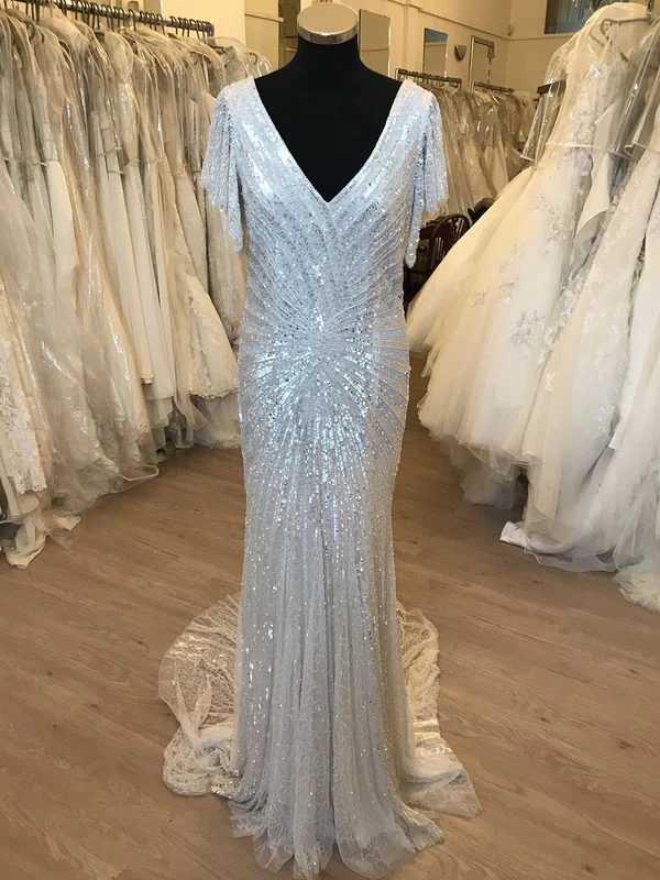 Sheath/Column V-neck Sequin Sweep Train Wedding Dress With Ruched #Milly00028867