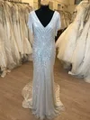 Sheath/Column V-neck Sequin Sweep Train Wedding Dress With Ruched #Milly00028867