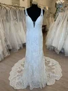 Sheath/Column V-neck Lace Court Train Wedding Dress With Appliques Lace #Milly00028870