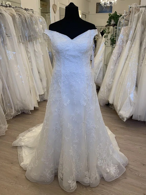 Sheath/Column Off-the-shoulder Organza Sweep Train Wedding Dress With Appliques Lace #Milly00028871