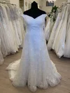Sheath/Column Off-the-shoulder Organza Sweep Train Wedding Dress With Appliques Lace #Milly00028871