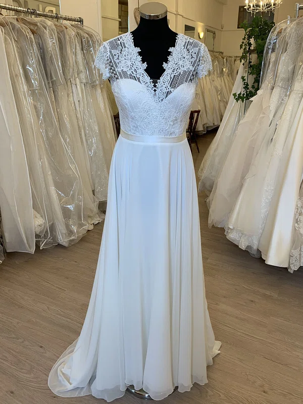 A-line V-neck Chiffon Sweep Train Wedding Dress With Appliques Lace #Milly00028876