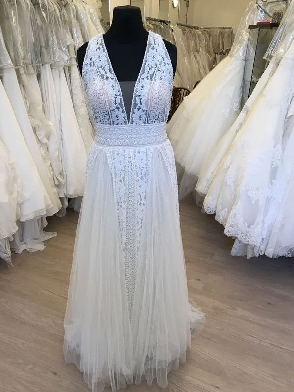 A-line V-neck Lace Tulle Floor-length Wedding Dress With Ruched #Milly00028877