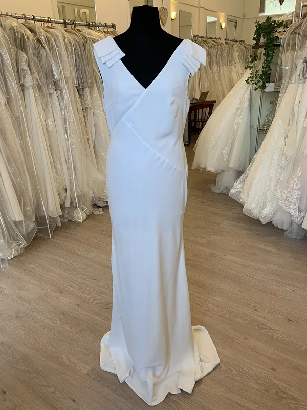 Sheath/Column V-neck Stretch Crepe Sweep Train Wedding Dress #Milly00028882