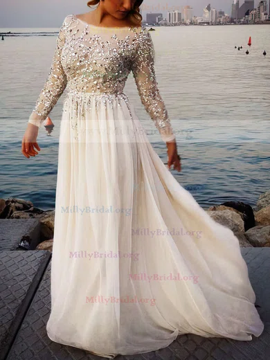A Line Beading White Scoop Long Sleeve Prom Dress