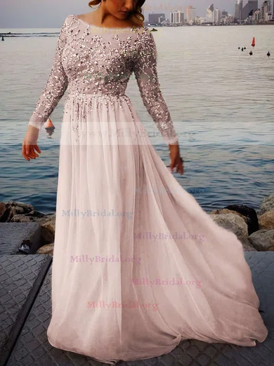 A Line Beading White Scoop Long Sleeve Prom Dress