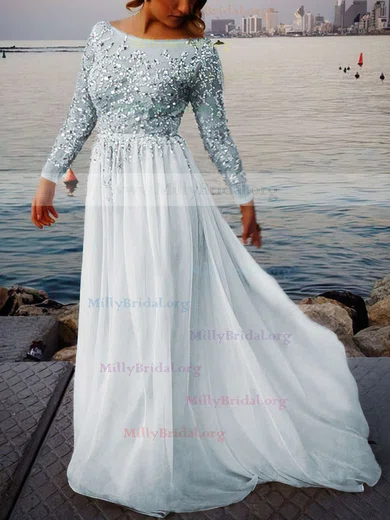 A Line Beading White Scoop Long Sleeve Prom Dress