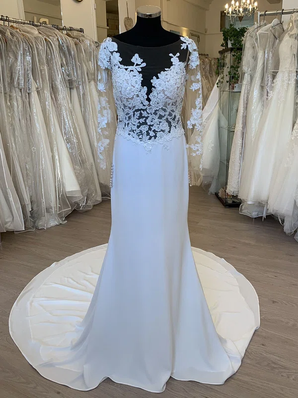 Sheath/Column Illusion Chiffon Court Train Wedding Dress With Beading #Milly00028885