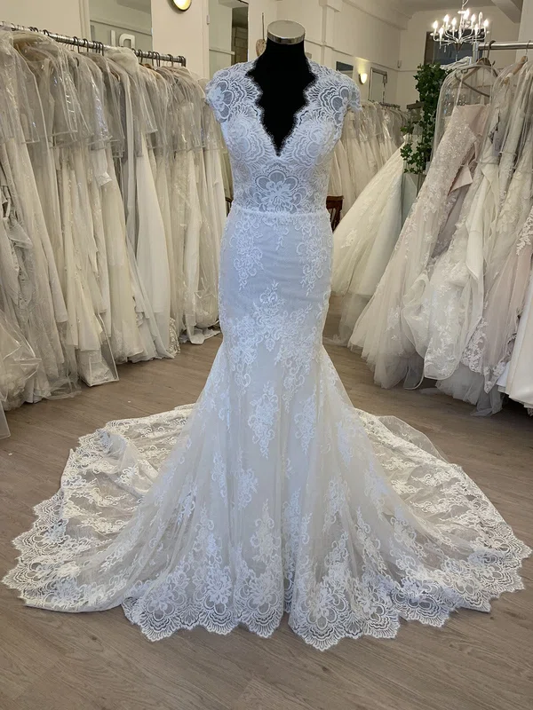 Trumpet/Mermaid V-neck Lace Court Train Wedding Dress #Milly00028887