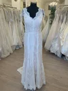 Sheath/Column V-neck Lace Tulle Sweep Train Wedding Dress With Appliques Lace #Milly00028889