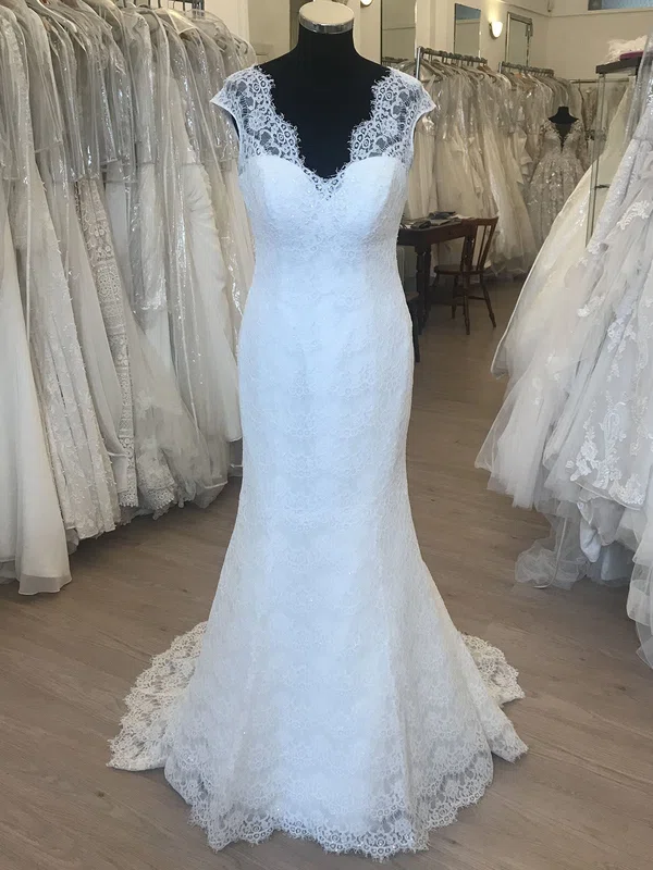 Trumpet/Mermaid V-neck Lace Sweep Train Wedding Dress With Sequins #Milly00028893