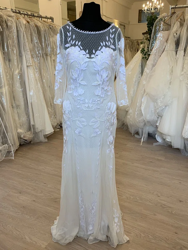 Sheath/Column Illusion Tulle Sweep Train Wedding Dress With Appliques Lace #Milly00028895