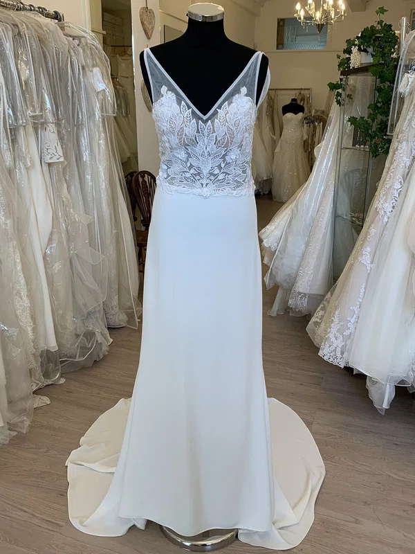 Sheath/Column V-neck Satin Chiffon Sweep Train Wedding Dress With Appliques Lace #Milly00028898