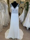 Sheath/Column V-neck Satin Chiffon Sweep Train Wedding Dress With Appliques Lace #Milly00028898