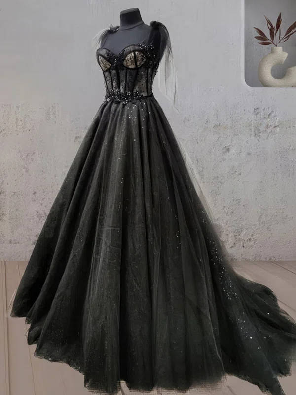 Black Ball Gown Sweetheart Tulle Corset Prom Dresses With Appliques #Milly020124018
