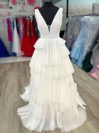 White Ball Gown V-neck Tulle Tiered Prom Dresses With Ruched #Milly020124020