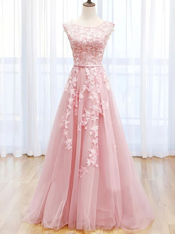 Ball Gown Scoop Neck Backless Tulle Prom Dresses With Appliques #Milly020124027
