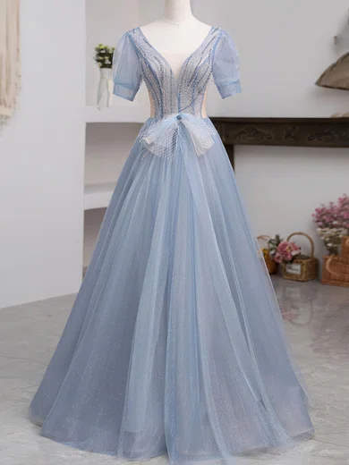 Ball Gown V-neck Tulle Prom Dresses With Beading #Milly020124032