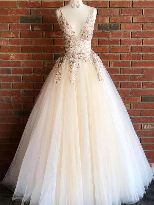 Cute Ball Gown/Princess Tulle V-neck Appliques Prom Dresses #Milly020124047