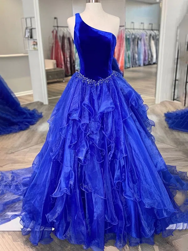 Modest Ball Gown/Princess Organza Velvet One Shoulder Prom Dresses #Milly020124049