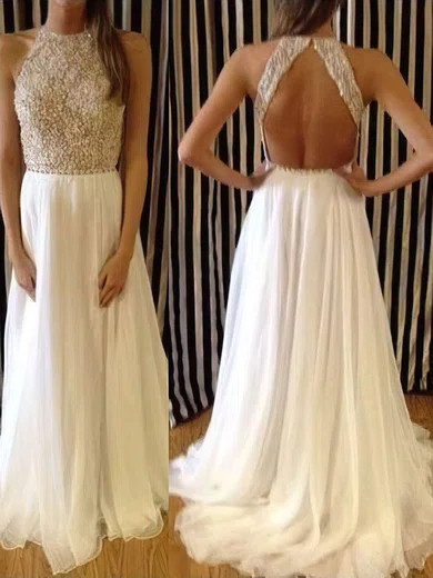 A-line Scoop Neck Chiffon Sweep Train Beading Prom Dresses #02016066
