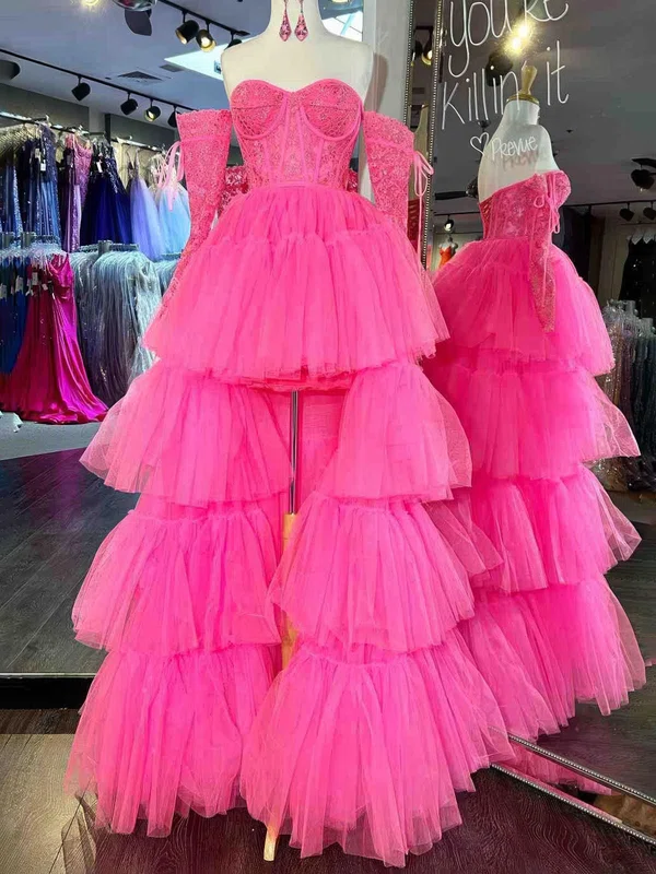 Ball Gown Off-the-shoulder Tulle Tiered Prom Dresses With Appliques #Milly020124050