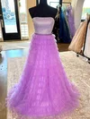 Ball Gown Strapless Tulle Ruffle Tiered Prom Dresses With Beading #Milly020124054