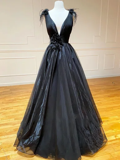 Black Ball Gown V-neck Tulle Prom Dresses With Feather #Milly020124085
