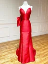 Unique Red Satin Sheath/Column V-neck Bow Prom Dresses #Milly020124087