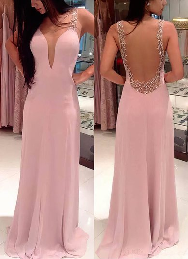 A-line V-neck Chiffon Tulle Sweep Train Beading Prom Dresses #02016058