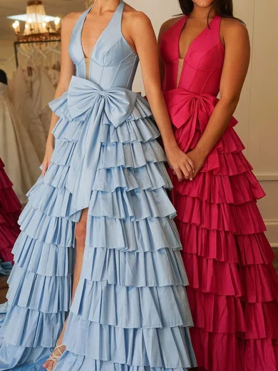 Ball Gown Halter Taffeta Ruffle Tiered Prom Dresses With Bow #Milly020124107