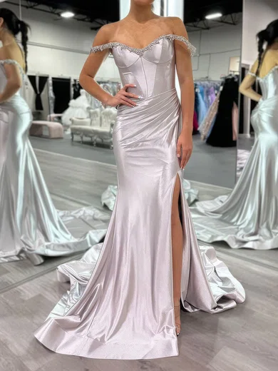 Mermaid Off-the-shoulder Ruched Satin Prom Dresses With Beading #Milly020124113