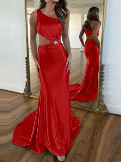 Unique Red Satin Sheath/Column One Shoulder Cut Out Prom Dresses #Milly020124125