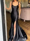 Elegant Black Satin Trumpet/Mermaid Split Ruched Prom Dresses #Milly020124155