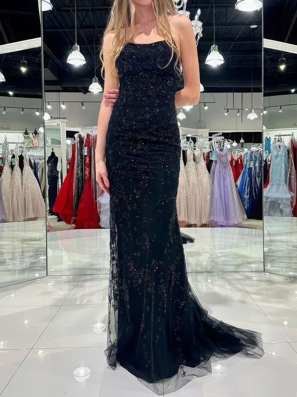 Unique Black Tulle Sheath/Column Appliques Prom Dresses #Milly020124166