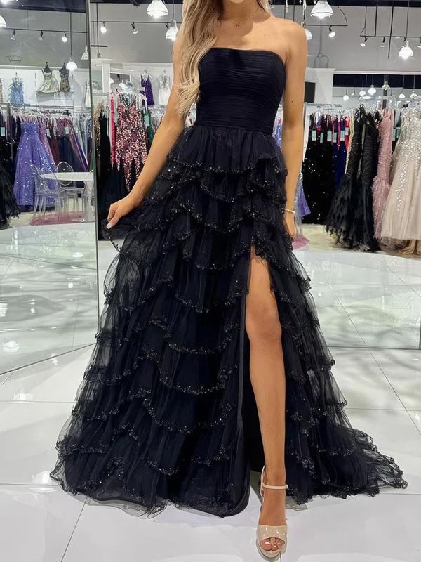 Elegant Tulle Black Ball Gown/Princess Straight Prom Dresses #Milly020124172