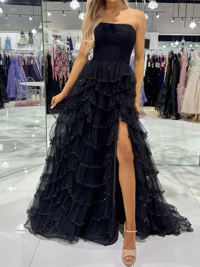 Ball Gown Strapless Tulle Tiered Prom Dresses With Appliques #Milly020124172