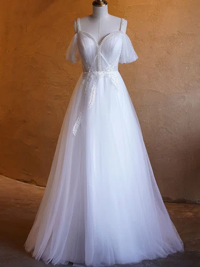 Ball Gown V-neck Floor-length Tulle Prom Dresses With Appliques #Milly020124196