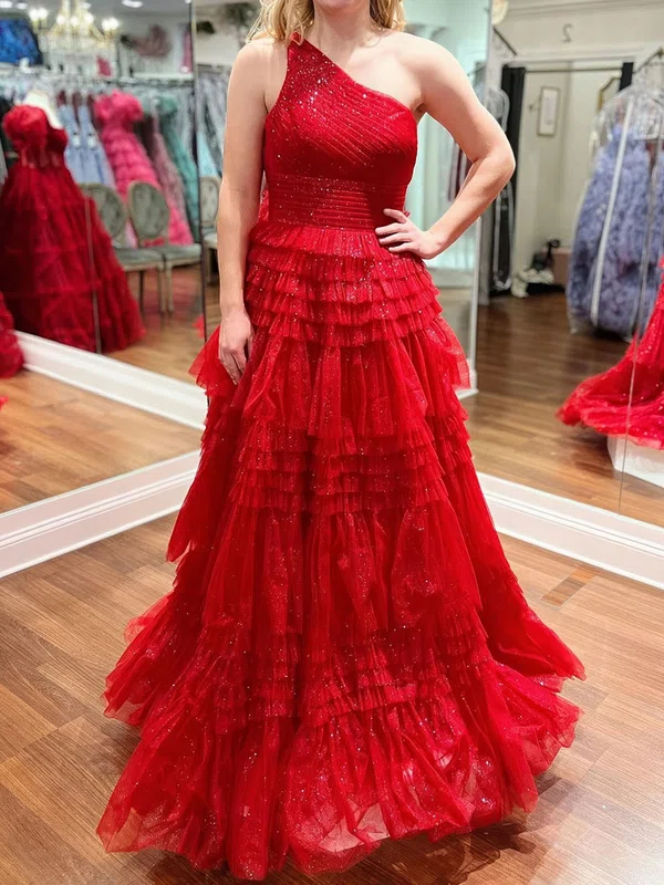 Glitter Red Princess One Shoulder Tiered Prom Dresses #Milly020124207